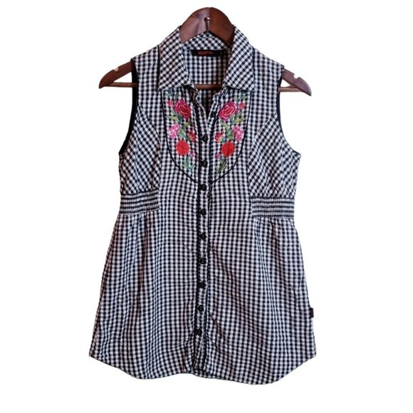 109°F Womens Top Large Black Plaid Gingham Embroidered Floral Cottagecore - Picture 2 of 16